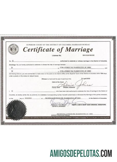 Certificado de casamento nos EUA Washington modelo